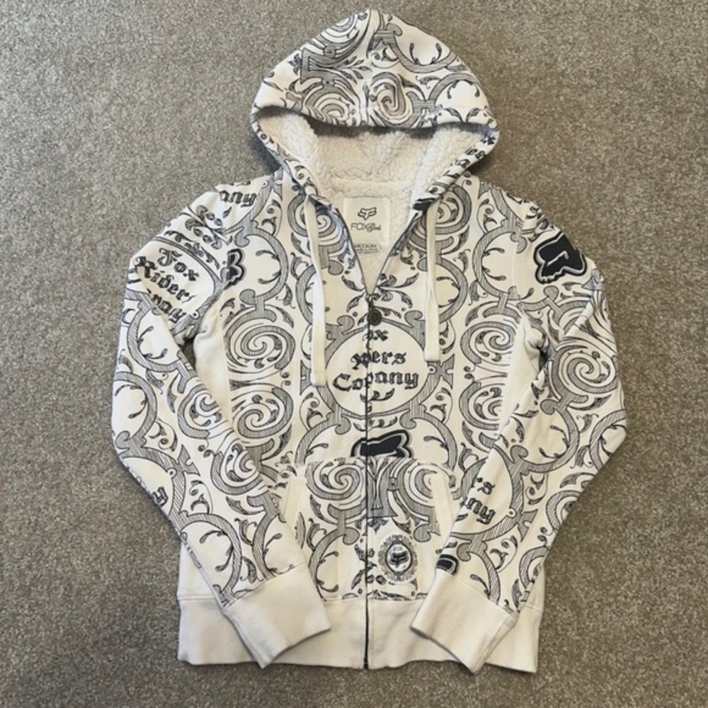 Fox Girls M Sherpa Lined Zip‎ Up Hoodie White Black Tattoo print Motocross  Y2k